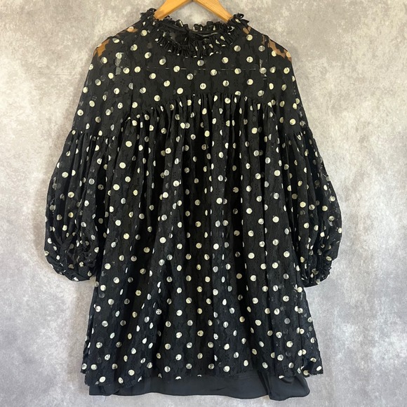 Zara Dresses & Skirts - Zara Dress Women Small Black Polka Dot Lace Balloon Sleeve Ruffle Babydoll Tunic